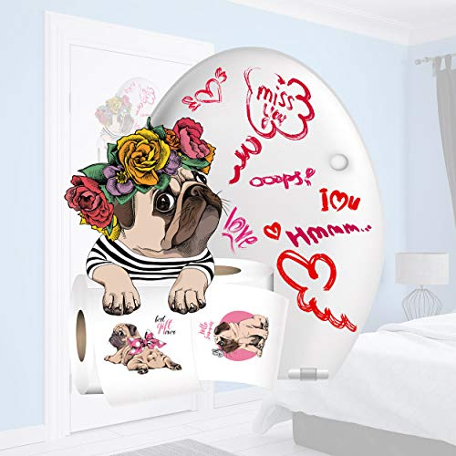 Sunnywall Wandtattoo Aufkleber Mops Lounge mit Blumenkranz WC Aufkleber Türaufkleber Toilettenpapier Größe Größe 2