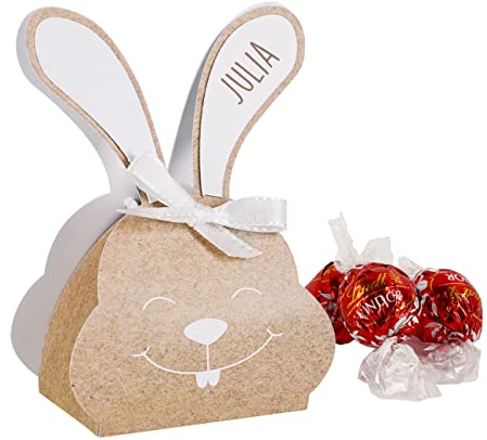 Herz & Heim® Osterhase mit 3 Lindt Lindor Kugeln gefüllt als Ostergeschenk mit Wunschnamen personalisiert