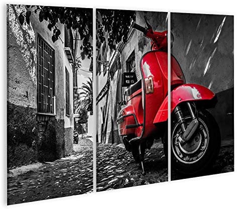 Bild Bilder auf Leinwand EIN roter Vespa-Scooter der auf Einer gepflasterten Straße geparkt ist Wandbild Poster Leinwandbild Tik
