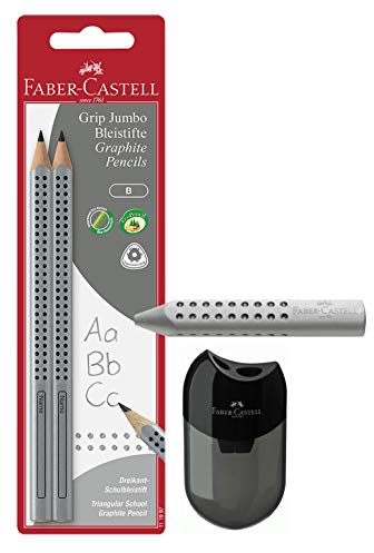 Faber-Castell 111997-2 Jumbo GRIP Bleistifte, Härtegrad: B, Schaftfarbe: silber (+ Spitzer schwarz & Dreieckradierer grau)