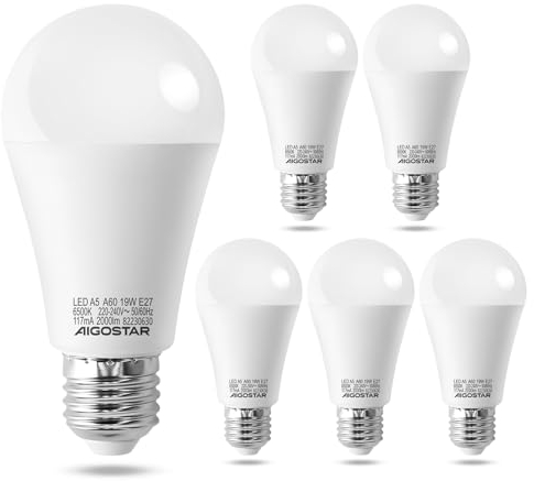 Aigostar E27 Led Kaltweiß 19W Leuchtmittel Birne Lampe 6500K 2000Lumen Abstrahlwinkel 280 Grad A60 Glühbirnen Tropfen 5 Stücke Energiespar