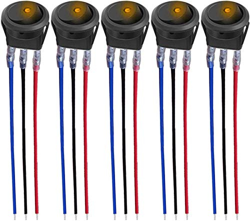 CESFONJER 5 pezzi DC 12V 20A LED set di pulsanti interruttore illuminato automaticamente, 12V interruttore a levetta rotante tondo pulsante per auto, barca, con luce a Giallo LED (con 16AWG Fili)