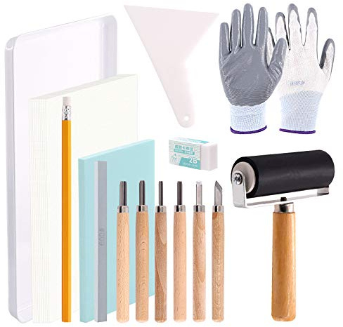 Swpeet 24-teiliges Stempel-Starter-Set, Gummistempel, Schnitzblöcke, Tintenroller, Schnitzwerkzeuge, Handschuhe, Transparentpapier und Tintenmischtablett für Stempelschnitzerei