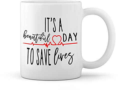 Grey's Anatomy It's Beautiful Day To Save Lives Red Heartbeat Weiße Tasse Mug