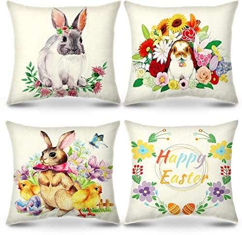Meleager 4PCS Kissenbezug Ostern, Kissenhülle Osterdeko Hase Kissenbezüge Häschen Ostereiern Leinen Dekokissen Cases Home, Kissenbezüge Kissenhülle 45x45cm für Zierkissenhülle Sofa Schlafzimmer