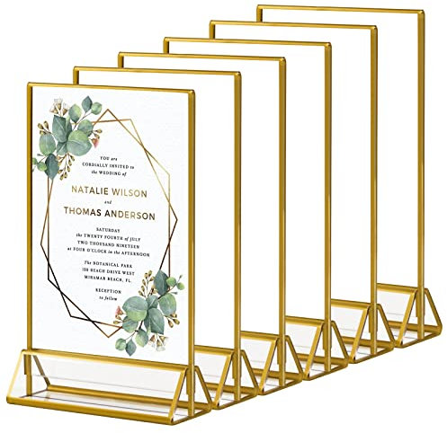 Dezzer Acryl Gold Schildhalter, 6er-Pack 5 x 7 Zoll / 12,7 x17,8 cm Upright Doppelseitigen und Vertikalen Stand Tabelle Menühalter für Hochzeit Tischnummern, Bankett, Restaurant Schilder Display