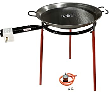 FERRETERIA LEPANTO Kit Paellero, Quemador a Gas butano, paellera acero pulido, regulador de Gas + 1,5 metros de Manguera, soporte de 3 Patas reforzadas (50)