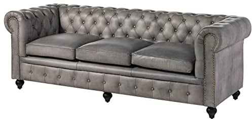 MASSIVMOEBEL24.DE | Chesterfield Sofa 3-Sitzer aus Echtleder #203 | aus echtem Büffel-Leder - Grau | 216x82x75 cm | mit Nieten | Couch Polstercouch 3er Sitzer