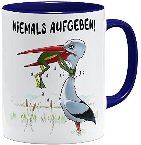 OM3® Niemals aufgeben Kaffee-Tasse mit Spruch - Motivationstasse - Motivation - Keramik Becher - 325ml - Beidseitig Bedruckt - Dunkelblau