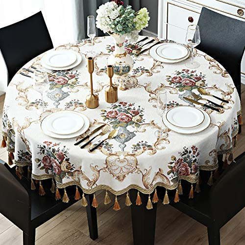 Lsimeru Ethno Tischdecke Rund Vintage Beige Blumenmuster Gartentisch Tischtuch Luxus Draußen Outdoor Tafeldecke Tischdeko Party Balkon Wohnzimmer 160 cm