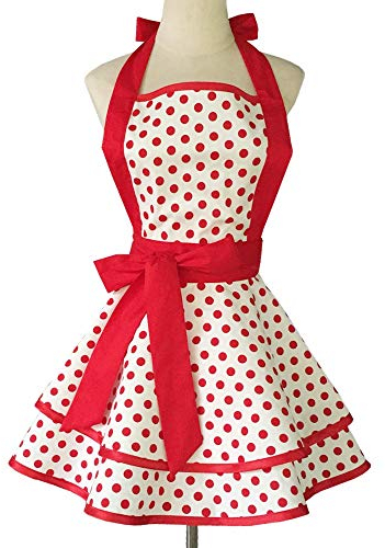 DNLKWGO Bequeme Baumwollschürze, Kittel, Küche, Kochen, Malerei, Lätzchen, niedliches Damenschürze, Kleid, Yd-Rot, Einheitsgröße