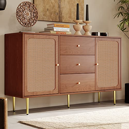 Merax Kommode mit 6 Schubladen, Rattan Sideboard Schubladenschrank aus Holz, Highboard Schubladenkommode mit Metallgriffe, für Schlafzimmer & Wohnräume & Büro (Holzfarbe, 150 x 40 x 90 cm)