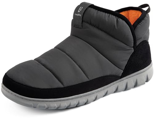 LongBay Men's Slipper Boots Warm Memory Foam Indoor Outdoor House Shoes | Splash Resistant Nylon Fabric, Coral Fleece Warm Lining, Non Slip Rubber Sole, Machine Washable, Indoor Outdoor, Gift, Winter
