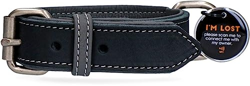 Spotted! PRO Lederhalsband - Hundehalsband mit QR-Pin - Halsband mit Magnetverschluss - Wasserdicht - Größe XXL - 65 cm – Schwarz