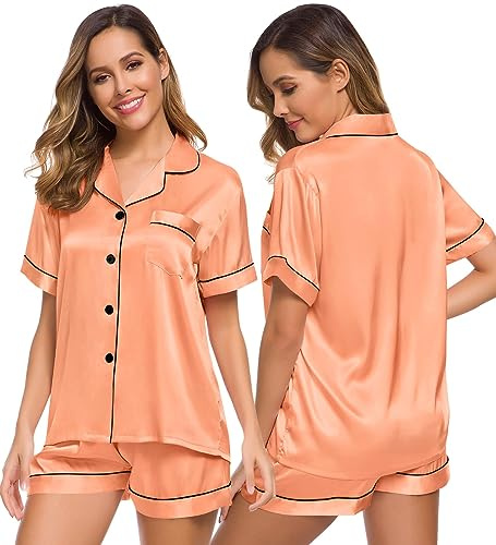 SWOMOG Silk Pyjamas for Women Comfy Satin Pyjama Set Christmas Pjs Short Sleeve Casual Lounge Set