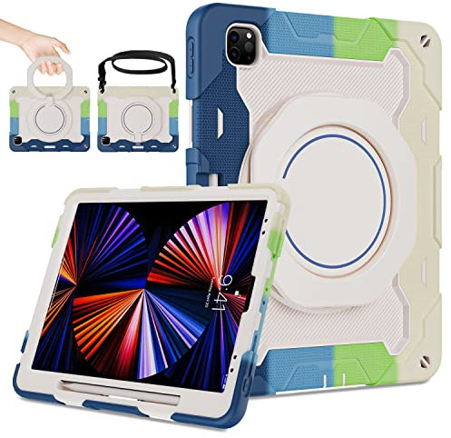 ROISKIN for iPad Pro 12.9 Case 6th/5th/4th/3rd Generation (2022/2021/2020/2018),Military Protective Cover for 12.9 inch with Screen Protector & Pencil Holder & Rotating Stand & Shoulder Strap,Blue
