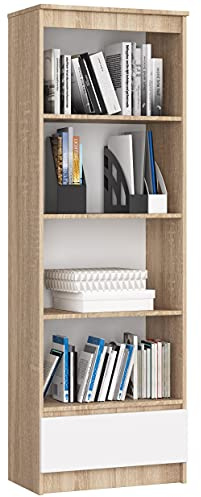 AKORD Büro-Bücherregal 60 cm 1 Schublade 4 Regale | Möbel Stehen für Dokumente Bücher für EIN Schlafzimmer Arbeitszimmer Wohnzimmer Schrank | Laminierte Platte 16 mm | Eiche Sonoma + Weiß Front