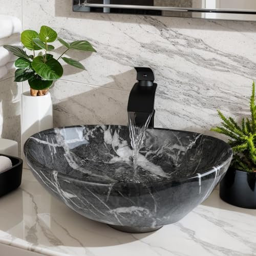 Sinku Mccut Bathroom Vessel Sink Oval Black Ceramic Vessel Sink for Bathroom Sink Marbling Above Counter Sink Bowl