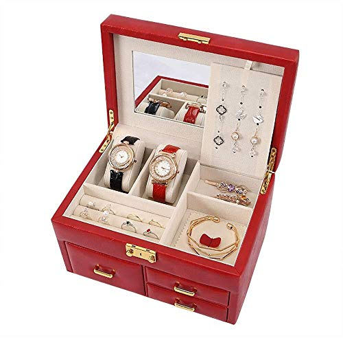 BONOOL Schmuckkästchen, Leder-Samt-Schmucktruhe mit Spiegel und Schublade, Schmuck-Organizer, großes Fassungsvermögen, Schmuckvitrine, Schmuckkästchen für Damen