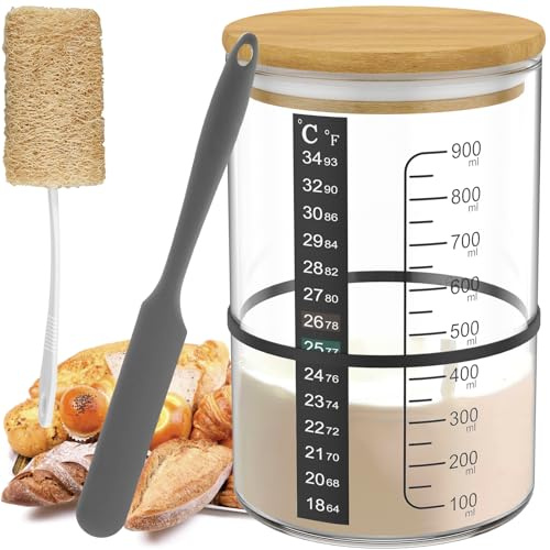 PandaHug Sourdough Starter Jar Kit, 900ml Sourdough Starter Container with Wooden Lid, Glass Sourdough Starter Cup Wide Mouth Sourdough Jar Kit with Spatula Rubber Band Loofah for Sourdough Breads