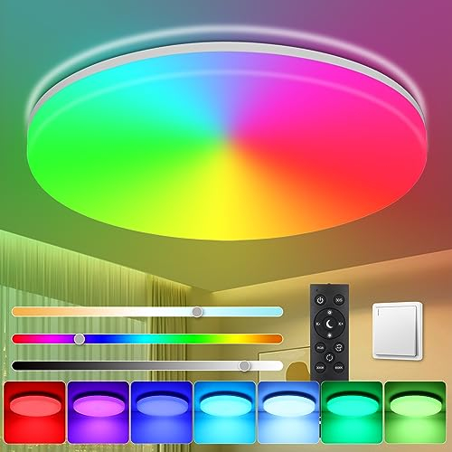 Oraymin RGB Deckenleuchte LED Dimmbar mit Fernbedienung, Deckenlampe LED Farbwechsel 36W IP54 3000K-6500K, Helligkeit Badezimmer Lampe für Wohnzimmer Schlafzimmer Kinderzimmer Küche, Rund 33CM