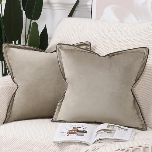 Madizz 2er Set Samt Fransen Zierkissenbezügen 45 x 45 cm Leichtes Taupe weiche Kissenbezug für Sofa, Schlafzimmer und Kissenhülle