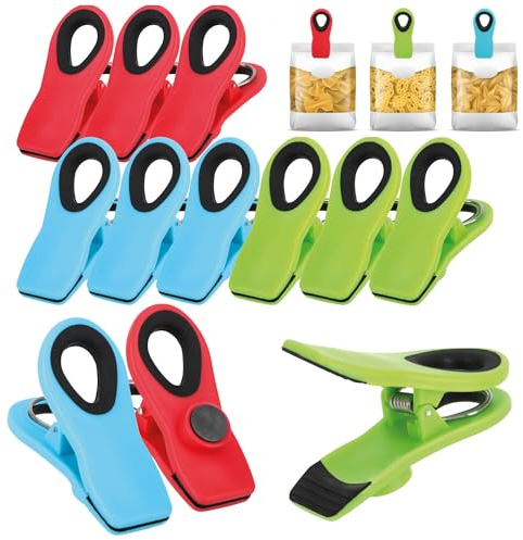 com-four® 12x Verschlussklammern für Tüten - Tüten-Clips zum Verschließen und Frischhalten - Beutelclips aus Kunststoff - Verschlussklemmen mit kleinem Magnet (12 Stück - grün + blau + rot)