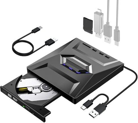ARCELI Externer DVD CD Laufwerk, DVD Laufwerk, CD Laufwerk Extern, USB 3.0 Typ C DVD/CD/VCD Extern mit SD/TF und USB-Anschlüssen, CD-/DVD-RW-Brenner für Windows XP/7/8/10/PC, MacBook, Linux USW.