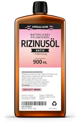 Rizinusöl 900 ml - 100% nativ - kalt gepresst - Ricinus Communis - Orgaliane -100% Rein, Natürlich und Kaltgepresst - Wimpern, Augenbrauen, Haare, Bart, Nägel