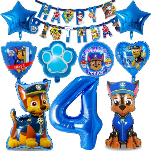 Dog Patrol Geburtstag Deko 4 Jahre, Luftballon Party Deko, Hund Patrol Folienballon Blau, 4 Jahre Geburtstag Junge Party Deko Set, Happy Birthday Banner für Dekoration Kindergeburtstag Party