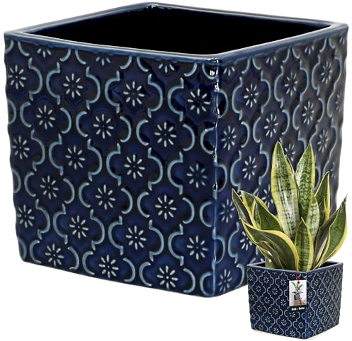 KOTARBAU® Keramik Blumentopf Quadratisch Vintage Kobaltblau 13x13cm H: 13cm Glasierte Keramik Pflanzkübel Viereckig Pflanzgefäß Drinnen
