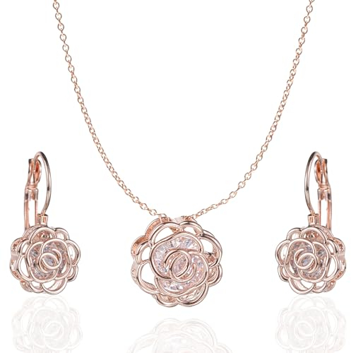 Bcenoilua Parure di Gioielli con Collana e Orecchini Donna Placcato Oro Rosa Fiori Cristalli Parure Collana con Ciondolo Abito da Sposa Gioielli per Feste