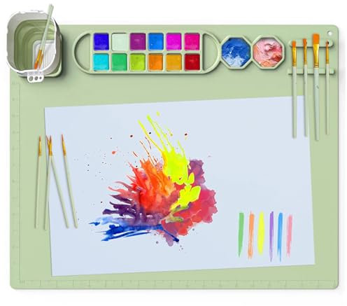 Kujinova Bastelmatte Silikon Zusammenklappbar, Malmatte mit Becher und 10 Pinsel 51 x 41 cm, Malunterlage Silikon, Rutschfest, Multifunktional Silicone Painting Mat für Malen, DIY Kunst (D)​