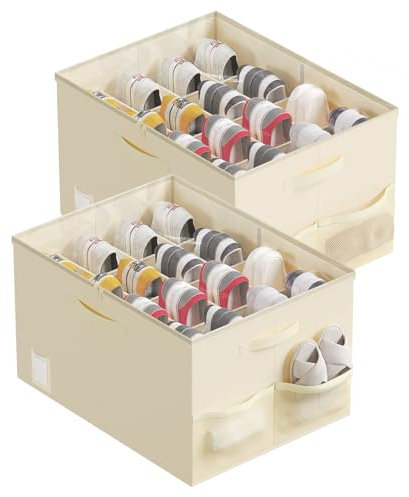 DIMJ Schuhorganizer Schuhaufbewahrung Platzsparend - Schuh Organizer Stapelbar Schuhbox, Schuhkarton für Schrank, Shoe Aufbewahrungsbox mit Deckel für Cabinet, Closet, 2 Stück(Beige)