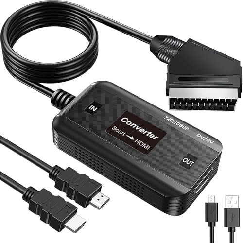 SCART to HDMI Converter Cable [720P/1080P HD Upscaler] - DVD Player to TV Adapter for HDTV/Monitor/Projector, Scart Adapter Compatible with STB/VHS/Xbox/PS3/Sky Box & Older Devices (with HDMI Cable)