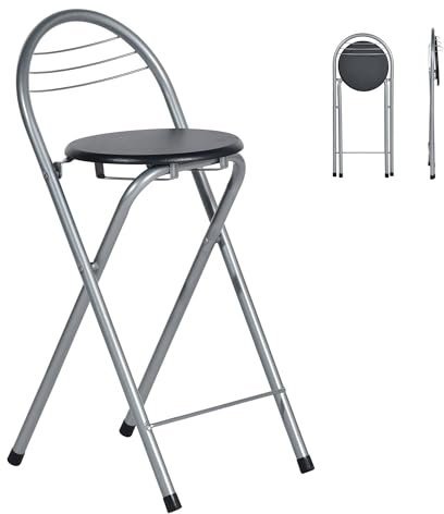 Liink1Ga 2er Set Barhocker Klappbar mit Lehne, Klapphocker Faltbar Bar Hocker Klappbar Stuhl Barstühle für Indoor Outdoor Küche Bars Bistro Camping/61 cm Sitzhöhe&Leiterrückenlehne/Schwarz&Silber