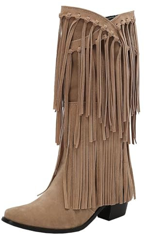 HSyc JRX Stivali da cowboy da donna con frange, tacco alto, beige., 40 EU