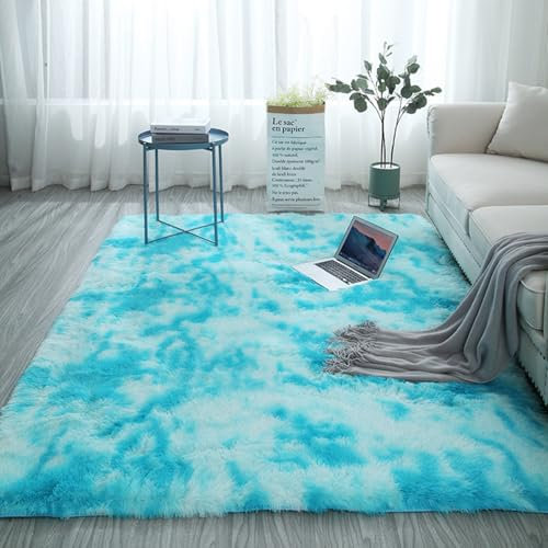 MYUANH Waschbarer Hochflor Teppich 150 x 160 cm Wohnzimmerteppich Rutschfester Zottige Teppiche Flauschig-Weiche, Weich, Pflegeleicht, Anti-Rutsch Unterseite, hellblau