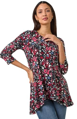 Roman Originals Hanky Hem Tunic Top for Women UK - Ladies Longline Blouse Asymmetric Hemline Casual Slouch Loose 3/4 Sleeves Round Neck Relaxed Comfortable Holiday - Pink Noir - Size 10