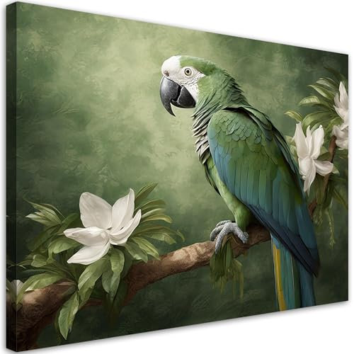 Feeby Leinwand Bilder - Tiere Papagei Vogel Grün - Vlies 90x60 cm - Deko Wohnzimmer - Wandbilder Schlafzimmer - Deko Aesthetic - Wand Deko - Leinwand Groß - Deko Zimmer - Leinwandbilder XXL