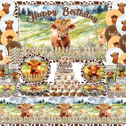 Highland Cow Geburtstagsdekorationen – Braune Kuh Partygeschirr, Teller, Becher, Servietten, Pickle Party Tischdecke, Happy Birthday Hintergrund, Luftballons, Kuchendekoration für westliche