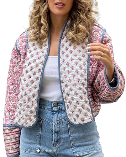 FeMereina Women's Cropped Puffer Jacket Floral Print Quilted Puffer Jackets Open Front Lightweight Short Jacket Trendy (Pink, S)