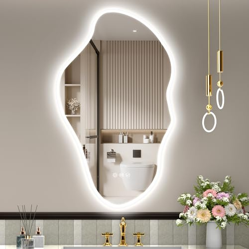 STARLEAD 100 x 60cm Irregular Bathroom-Mirror-with-LED-Lights, LED Bathroom Mirror with Bluetooth, Dimmable 3 Colors, Anti-Fog, Memory, IP44 Waterproof, Tempered Glass, Horizontal/Vertical