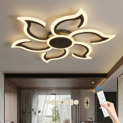 Lanmorn 88cm Deckenlampe Wohnzimmer, Fernbedienung, Lichtspeicher, Dimmbar, Wohnzimmerlampe Decke Blume, für Schlafzimmer, Wohnbereich, Küche, Schwarz