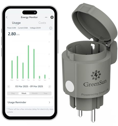 GreenSun Prise Connectée Extérieure - 16A Type E Prise WiFi Programmable Commande Vocale Compatible avec Alexa et Google Home, Compteur d'Énergie, Contrôle APP Smart Life 2,4GHz IP44