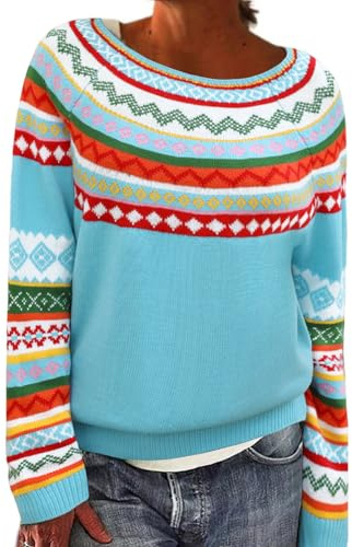 heekpek Pull Jacquard Femme Norvégien Alpaga Pulls Col Rond Sapin de Noël Ample Pull Femme Hiver Chaud Chic et Élégant Doux Sweat Tricoté Haut Pull'de Noel, Colorée Fair Isle, M