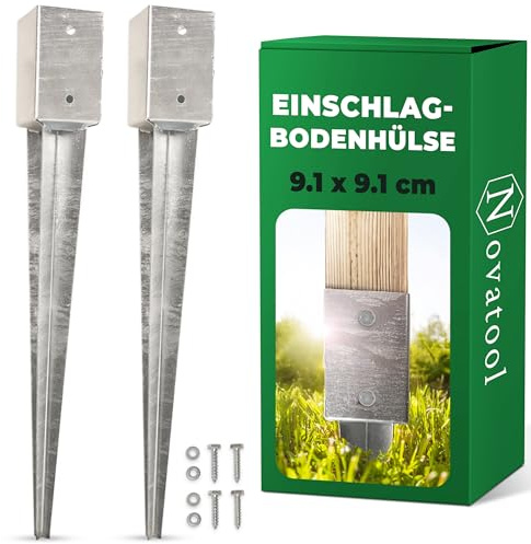 Novatool 2x Einschlagbodenhülsen-Set 91x91x750 mm, Bodenhülse Sonnenschirm Pfostenträger Zaunpfosten Holzpfosten Bodenhülsen Einschlaghülse Bodenanker Erdspieß zum Einschlagen, verzinkt, mit Schrauben