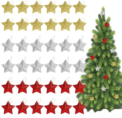 Weihnachtsbaum Deko, 36 Stück Glitzersterne in Gold, 5 cm Durchmesser, Silber und Rot, Christbaumschmuck für Weihnachtsdeko, Baumschmuck Weihnachten