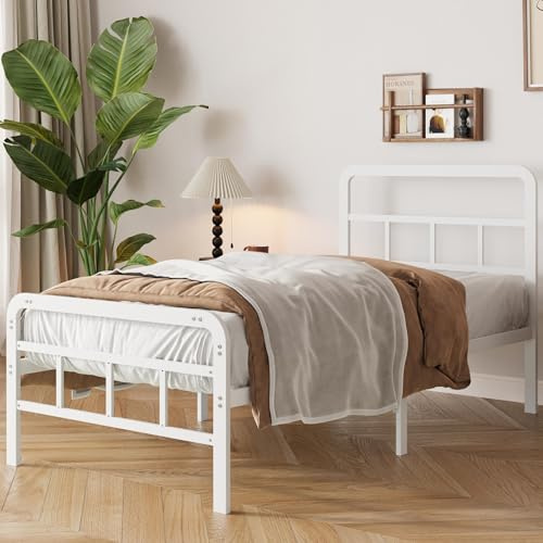Yicensen Cadre de lit 90 x 190 cm avec Tête et Pied de Lit | Lattes Métalliques Robustes, Soutien stable, Hauteur du lit 36 cm, Design minimaliste, Silencieux, Montage Facile, Blanc
