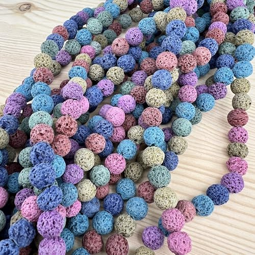 Steinperlen – Bunte Lava 6 mm, ca. 60 Stück auf 38 cm Strang – Natürliche Schmuckperlen für Armbänder, Halsketten, Mala